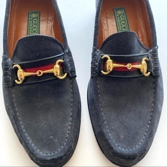 Gucci Other - Gucci navy blue suede loafer shoe w/ gold horsebit and striped web Sz 44 US10.5